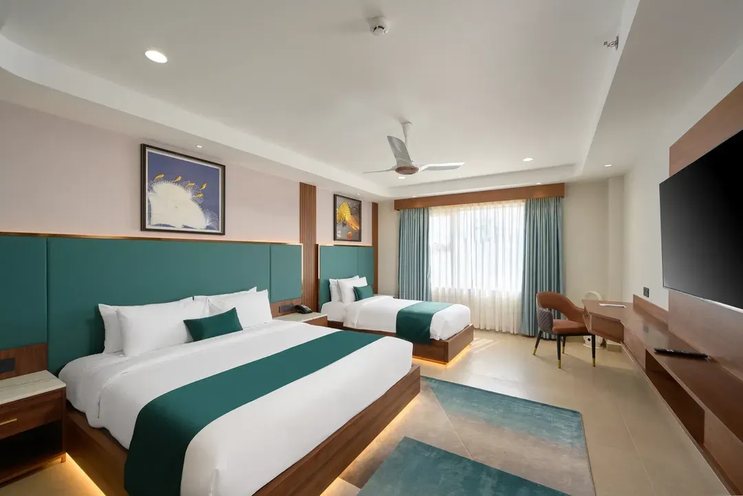 Family room interior with mixed bedding