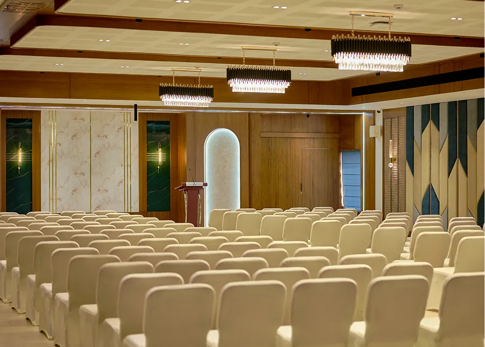 Mehmaan Hall set for a banquet with round tables