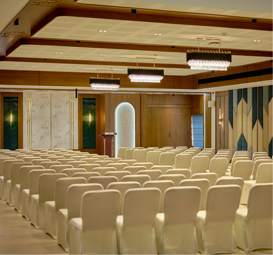Mehmaan Hall set for a banquet with round tables