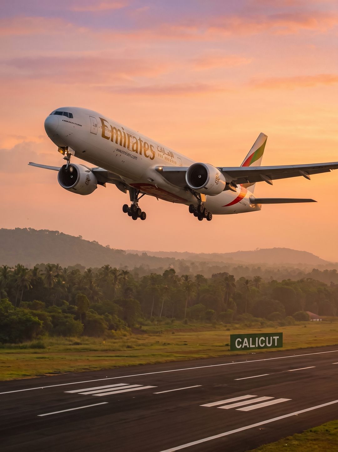 Emirates aircraft taking off at Calicut International Airport